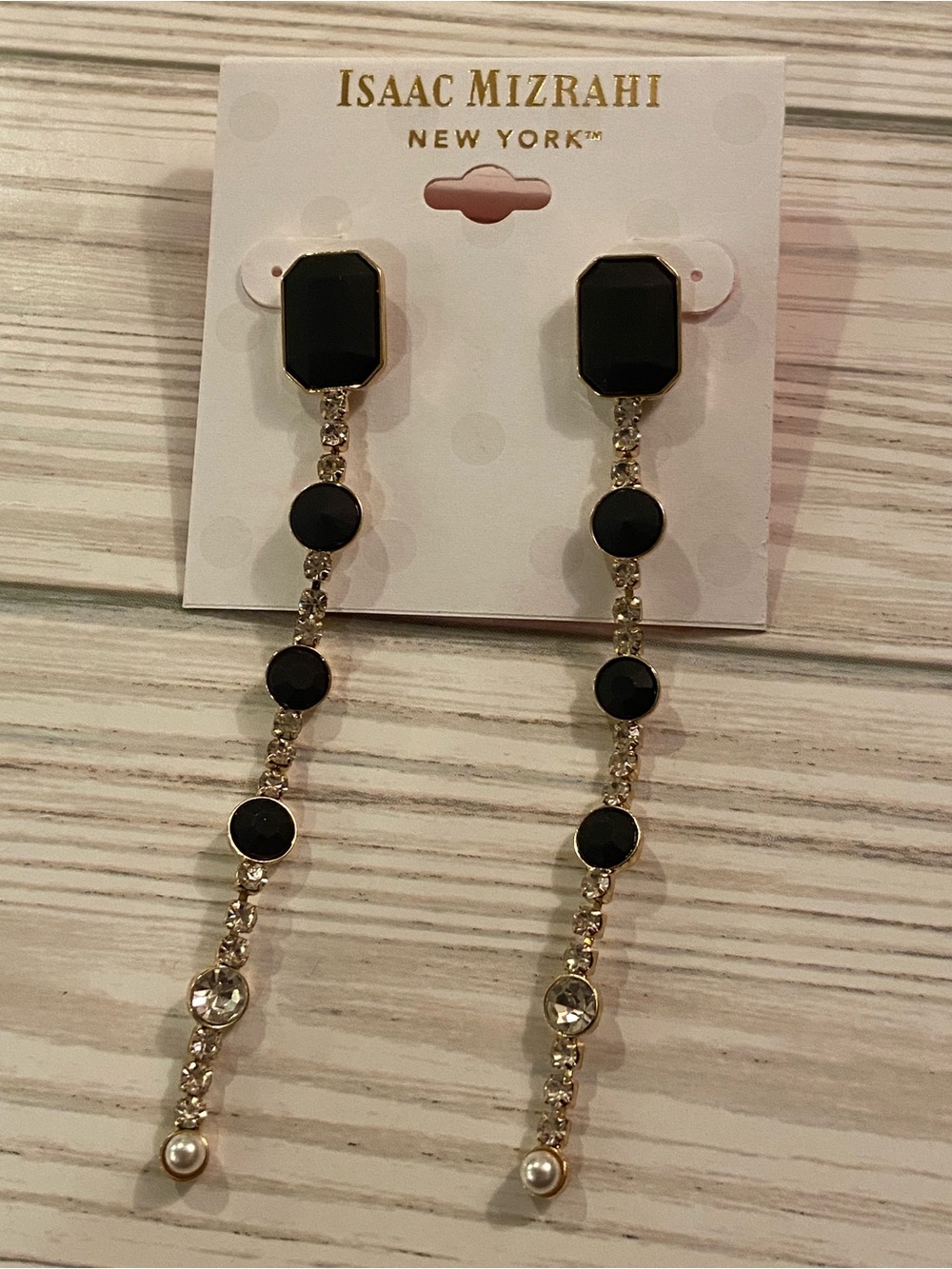 Isaac Mizrahi matte black and rhinestone dangle earrings gold tone